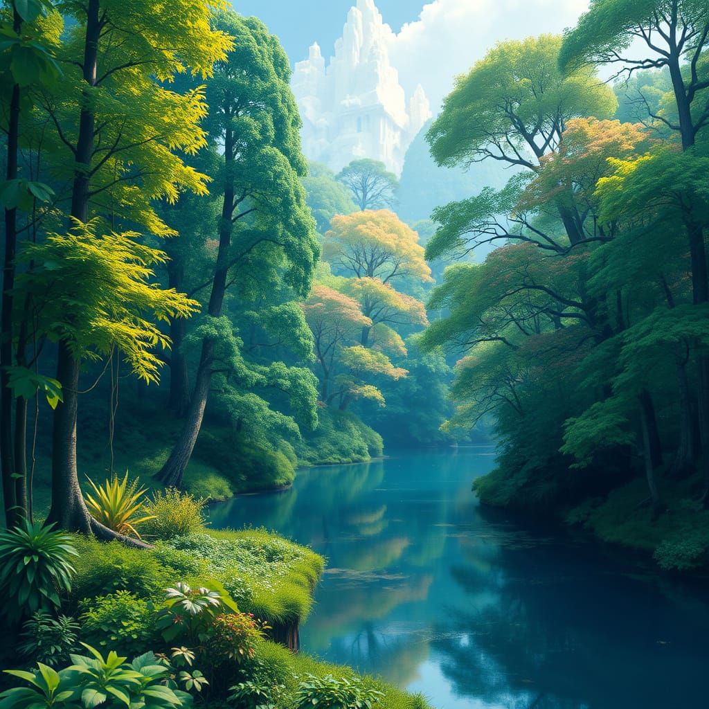 Lush Green Forest and River in Eco-Futuristic Style