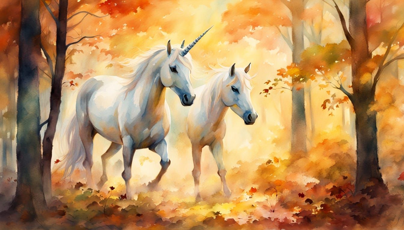 Whimsical Autumn Unicorn in Watercolor