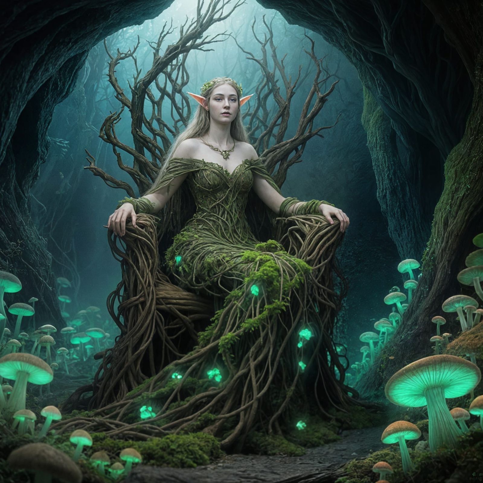 Elven Queen on Bioluminescent Throne, Art Nouveau Style