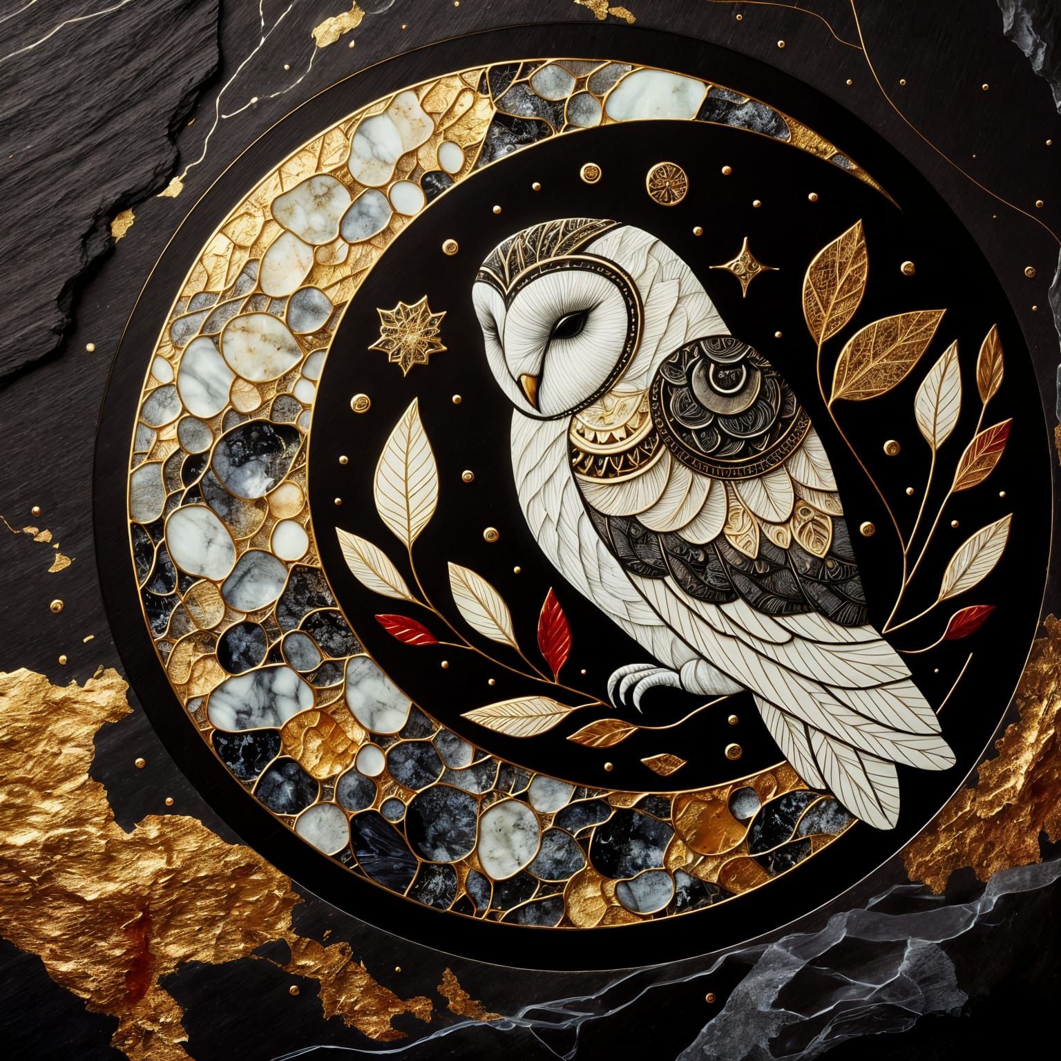 Abstract Owl on Moon with Gold Leaf and Stone