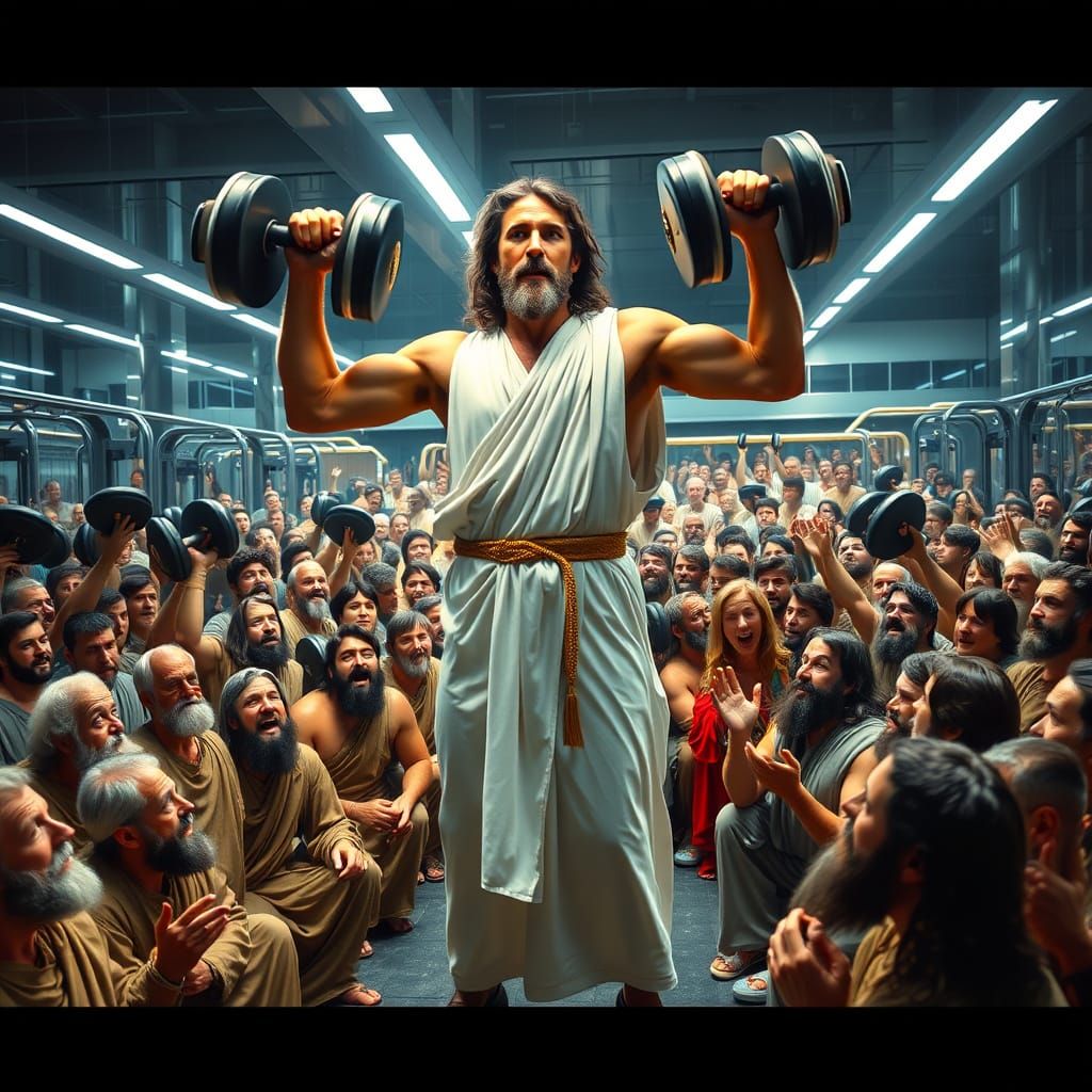 Jesus Christ in Modern Gym, Surrounded by Ancient Israelites
