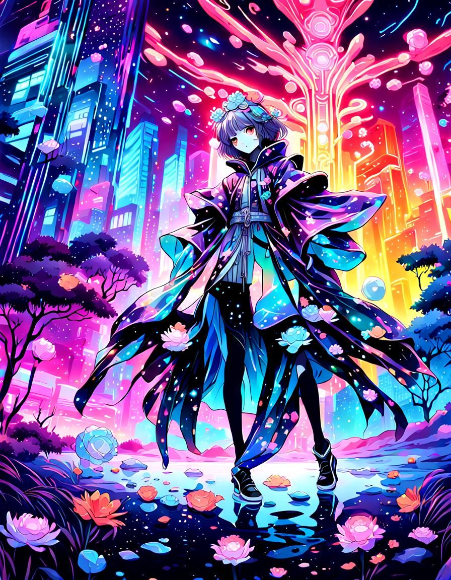 Neon Anime Character in Futuristic Blossoms