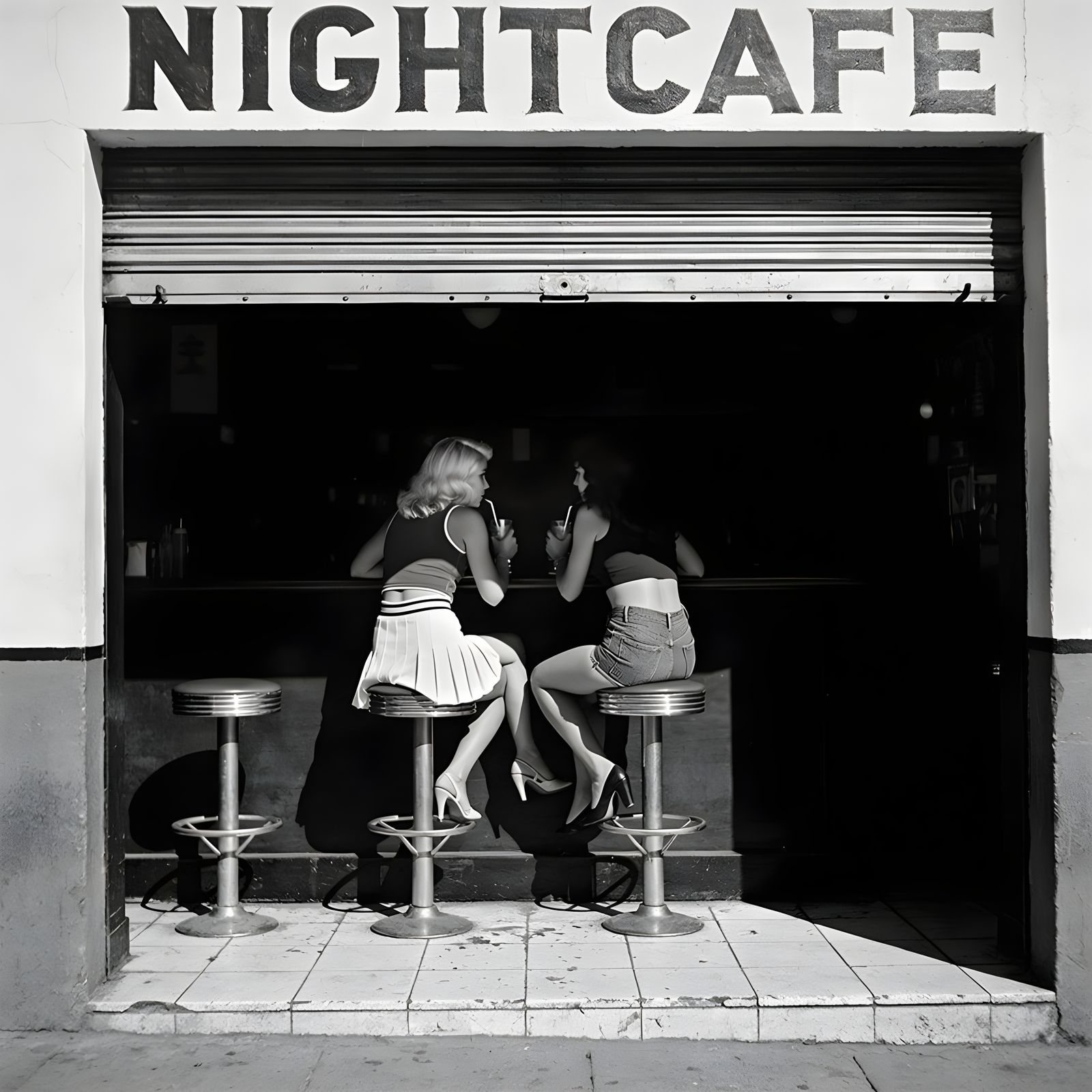 Street Bar Scene with Women in Shadow