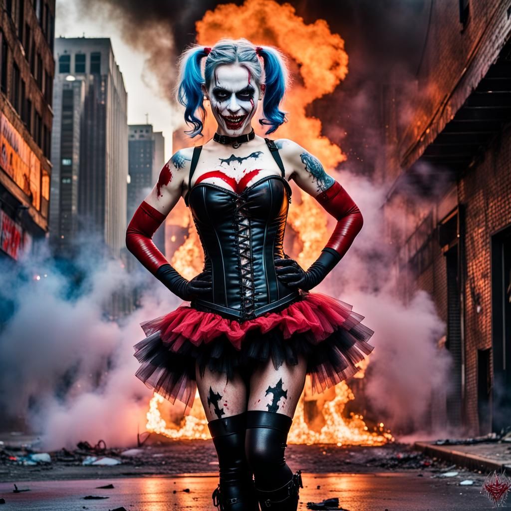 Zombie Harley Quinn in Burning Gotham, Graffiti Art