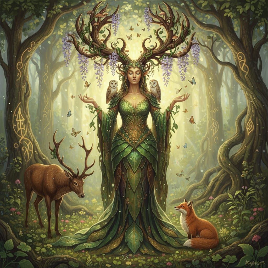 Forest Goddess with Antlers and Forest Creatures