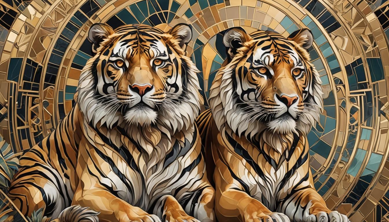 Art Deco Tiger and Lion Portrait in Orphism Style