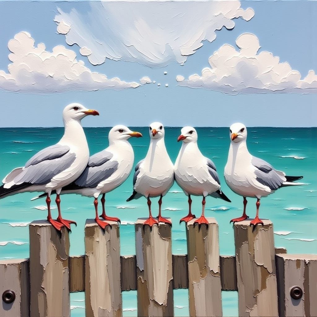 Impressionist Coastal Scene with Seagulls and Weathered Post...