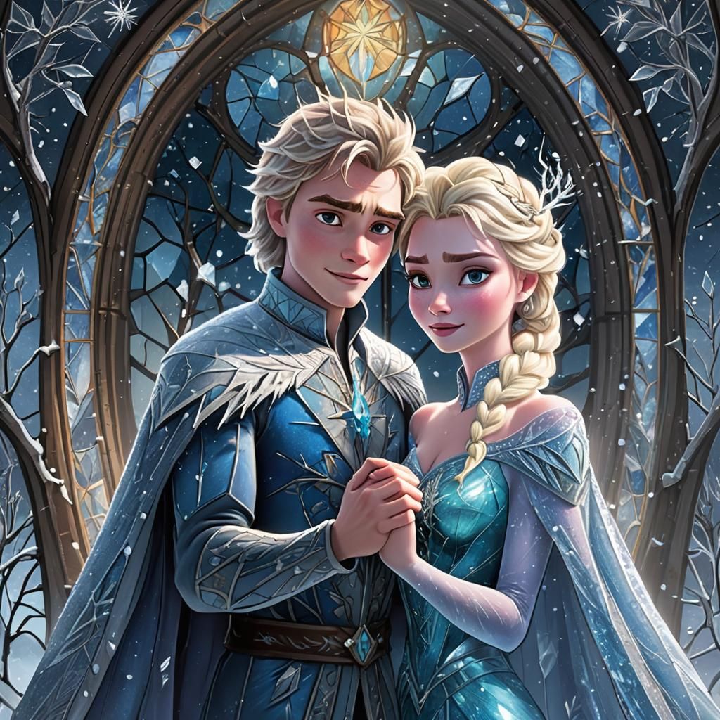 Elsa and Jack Frost Stained Glass Art