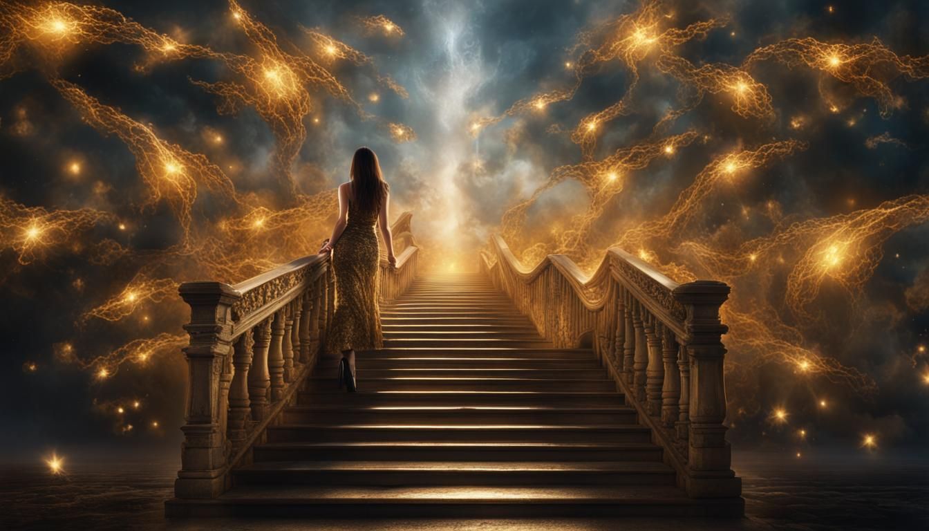 Woman Ascending Stairway to Heaven: Dark Fantasy Art