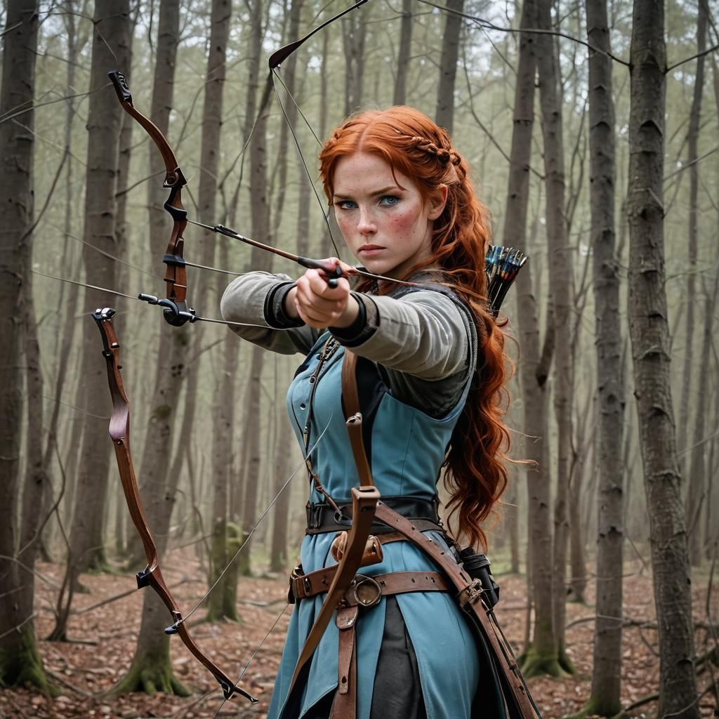 Female Archer Ready to Shoot in Forest