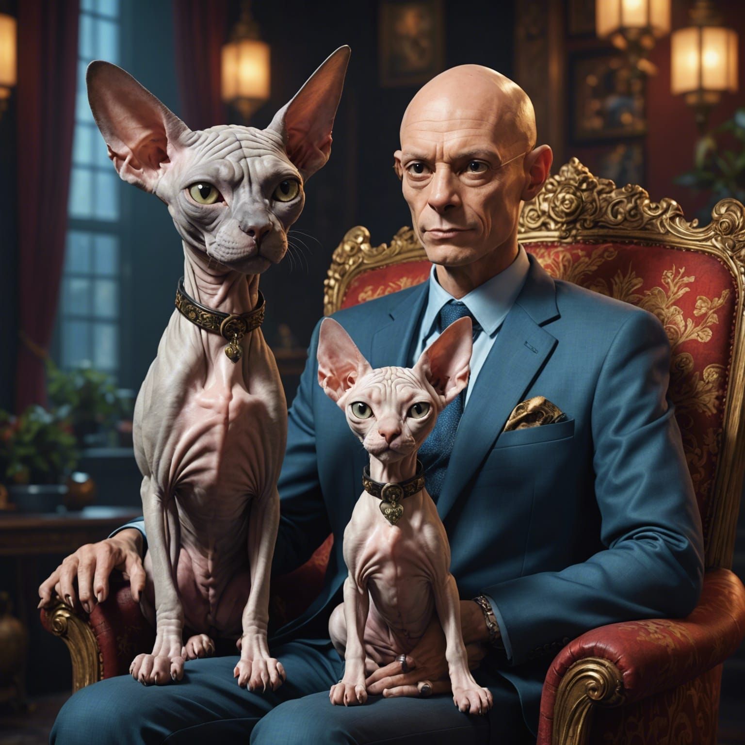 Funny Sphynx Cat Caricature with Bald Man