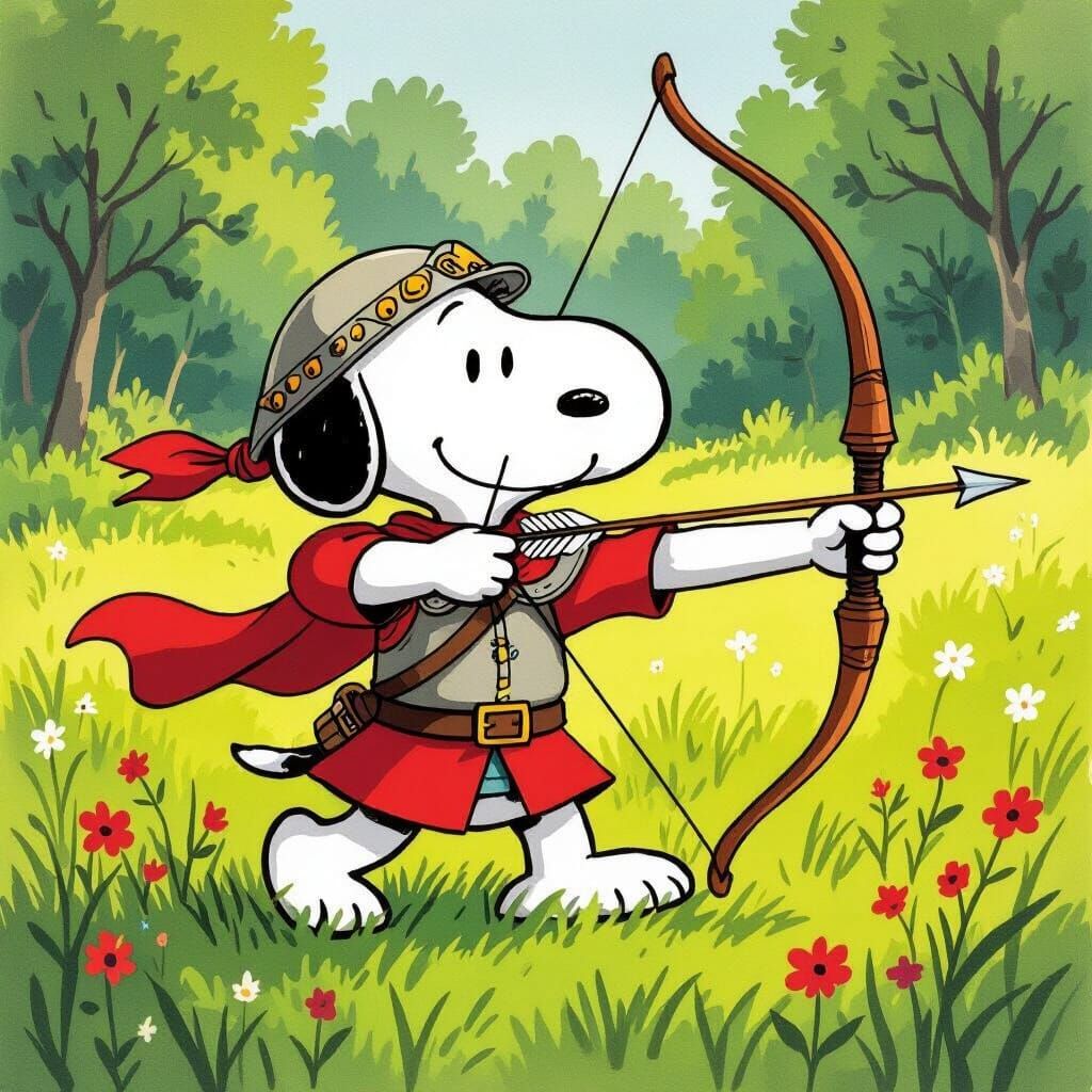 Snoopy as Medieval Archer in Lush Meadow