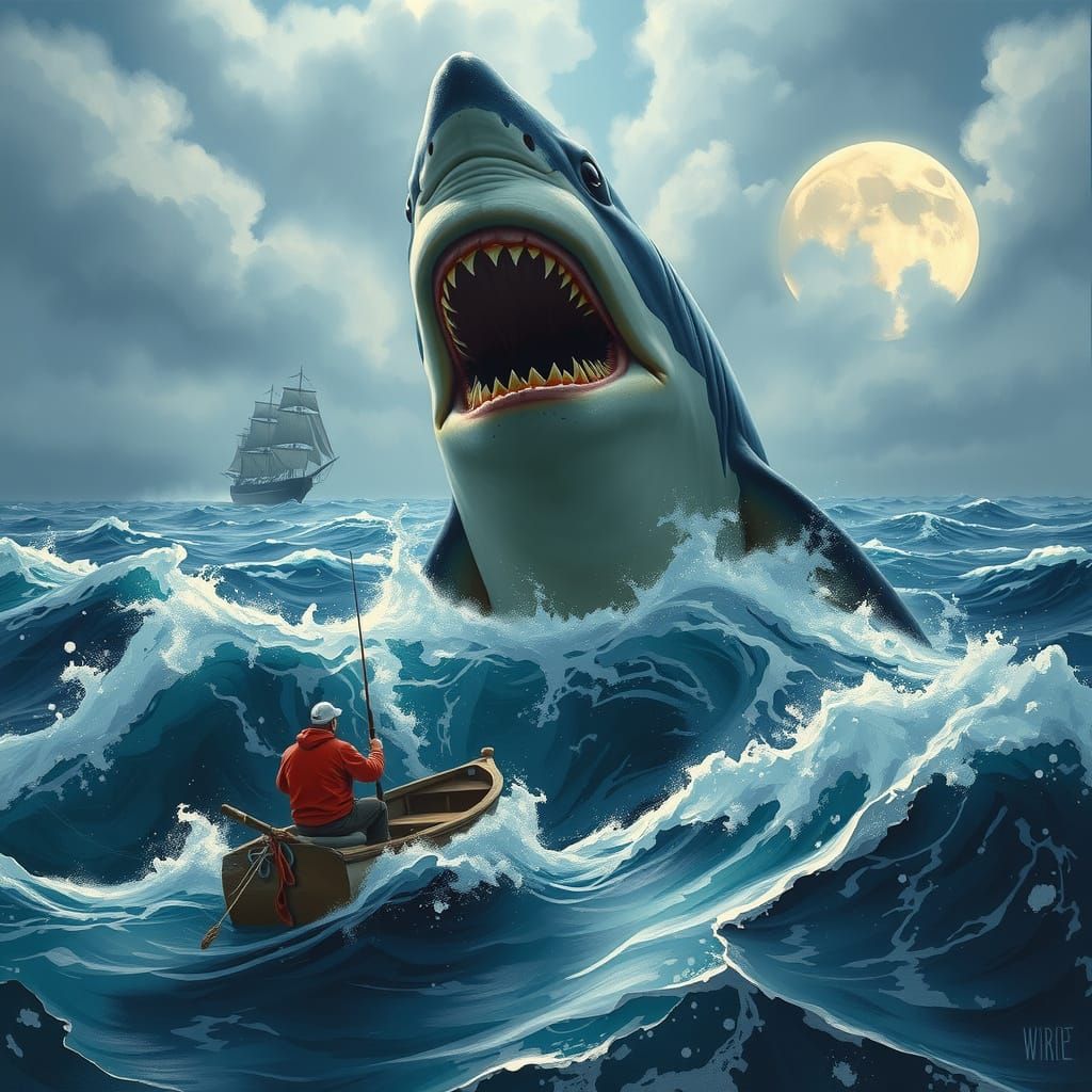 A colossal shark erupts vertically from the churning ocean, ...