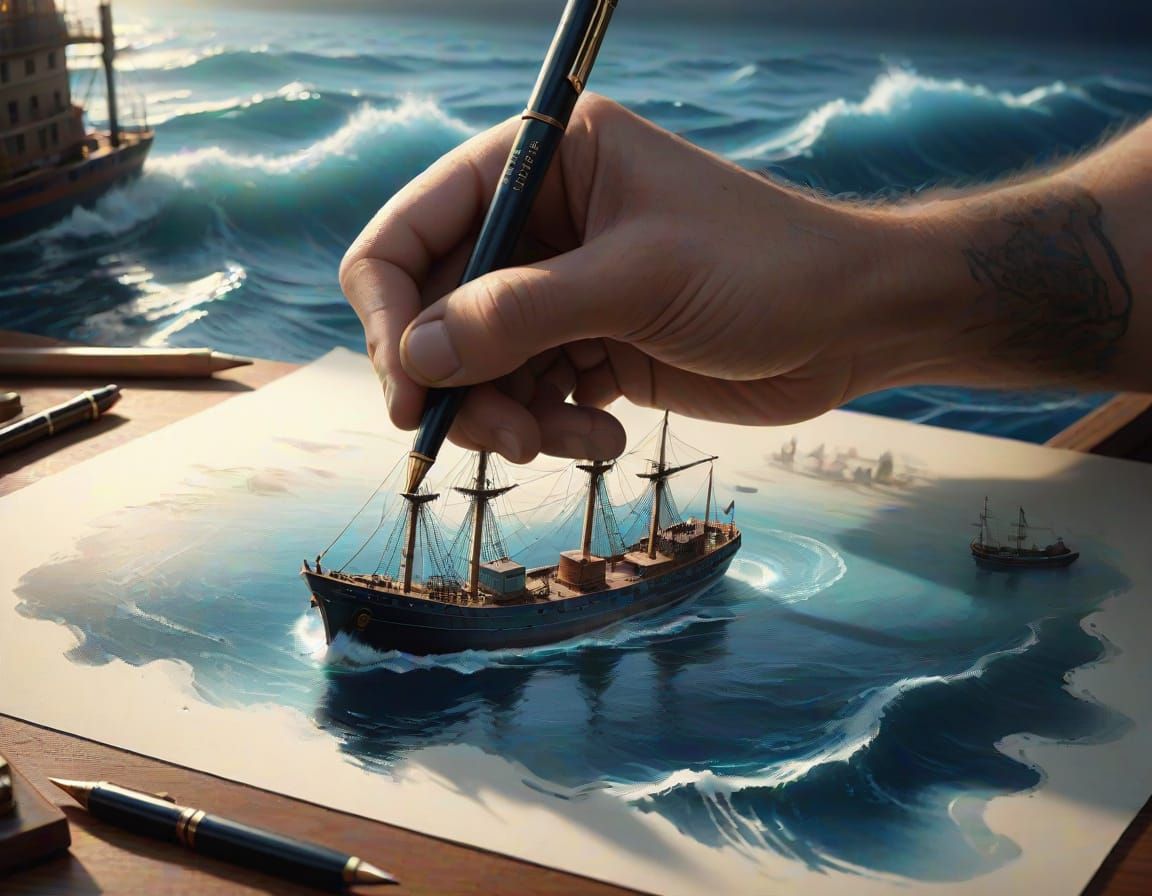 Surreal Steamship Drawn on Parchment, Blending into Ocean