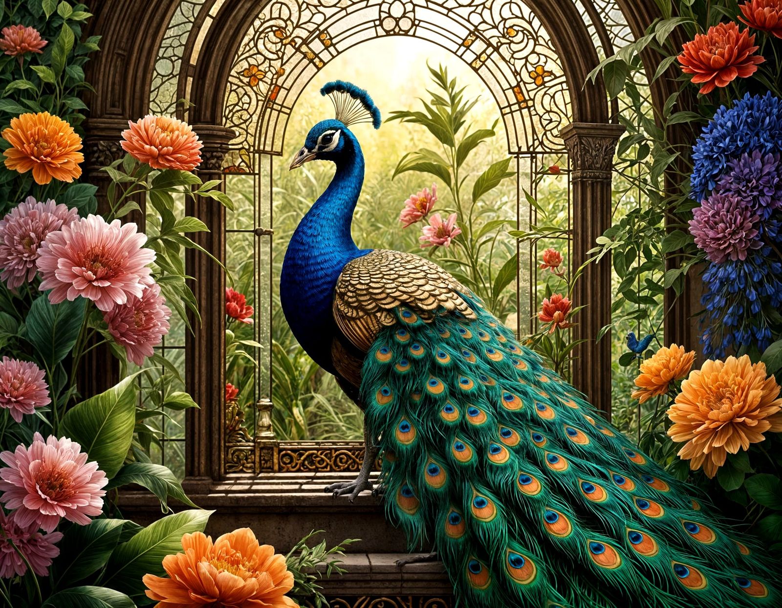 Hyper-Realistic Indian Garden Scene with a Majestic Peacock....