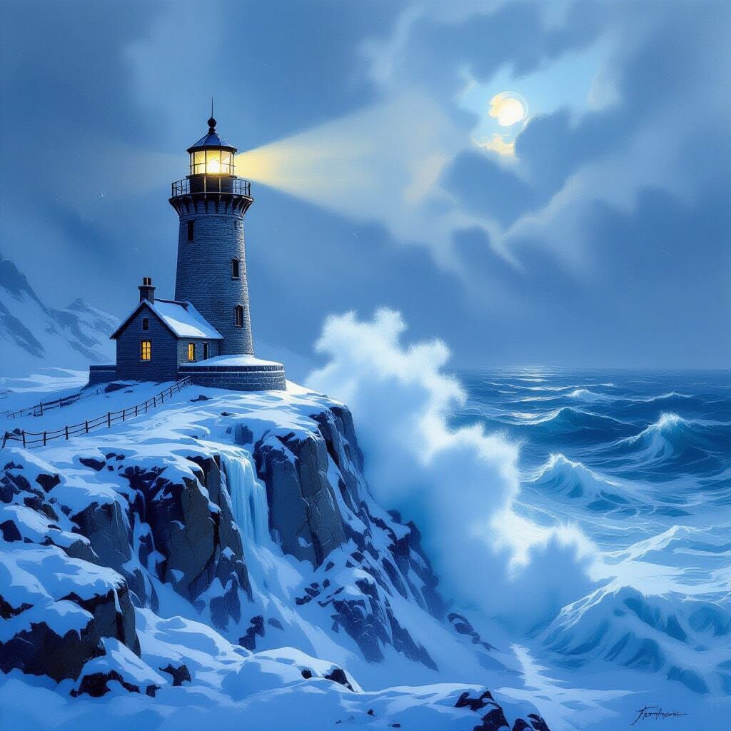 Ancient Lighthouse in Blizzard, Painterly Style