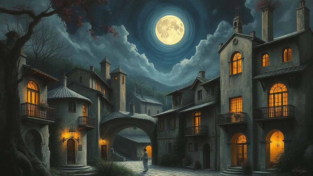 Mystical Spanish Village at Night in Atmospheric Style