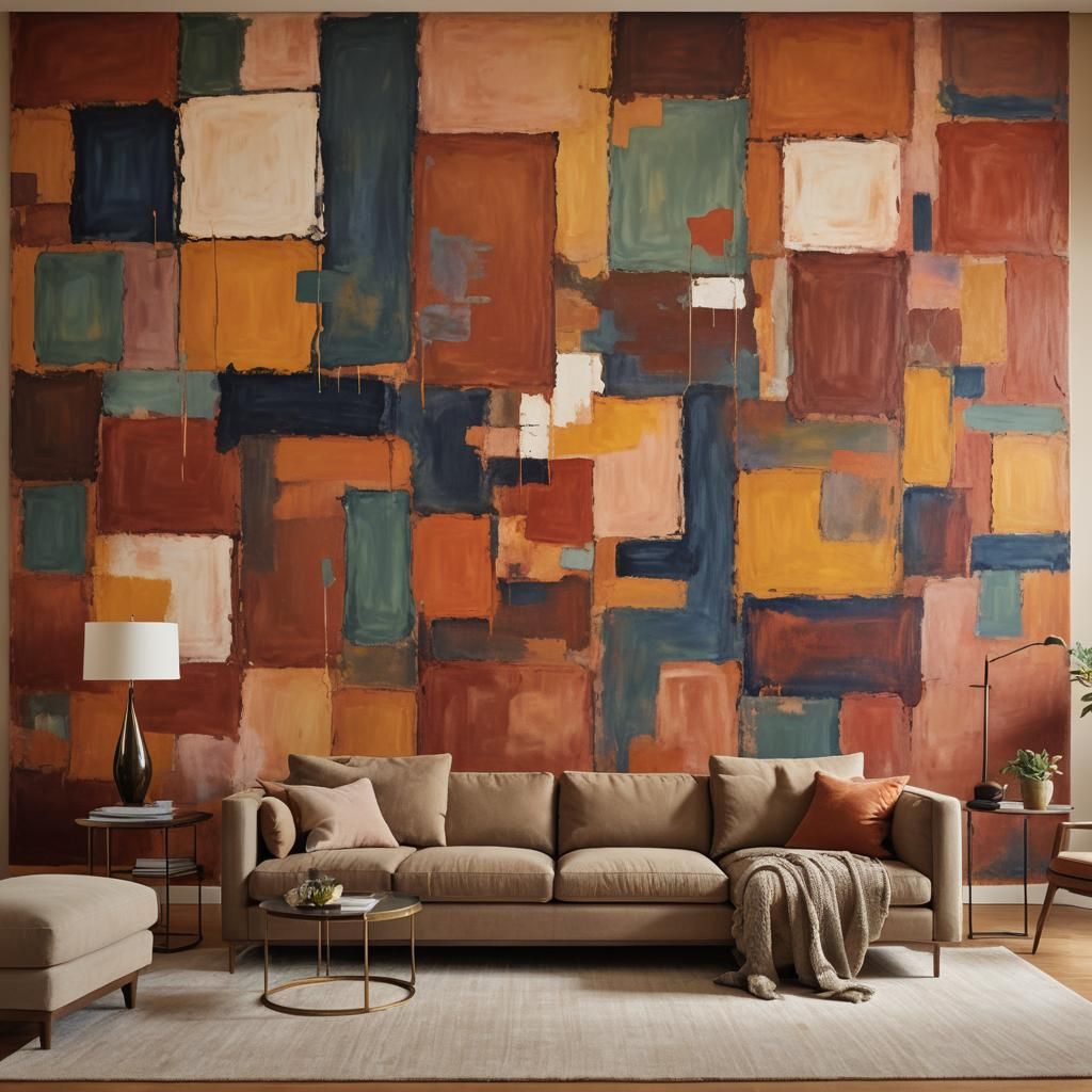 Cozy Living Room with Abstract Expressionist Mural