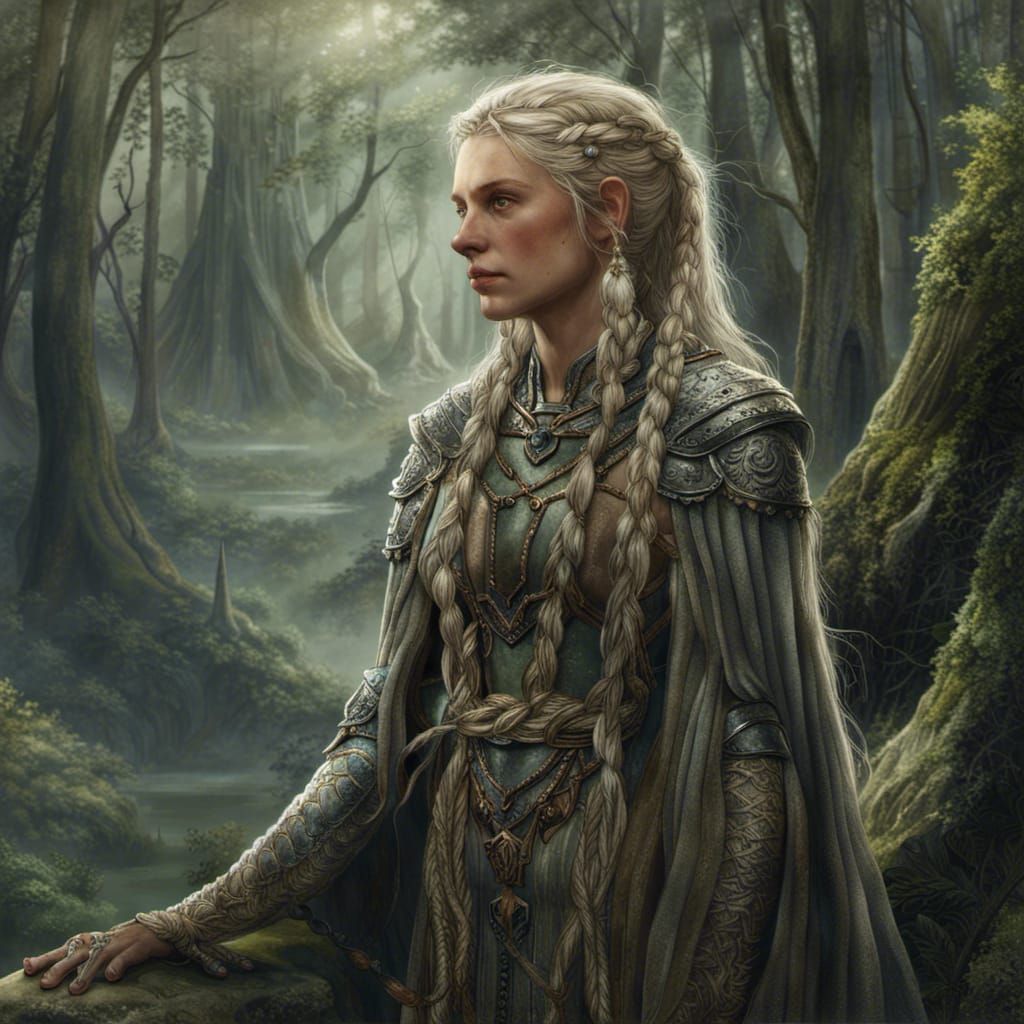 Elven Woman with Braids in Detailed Forest Scene