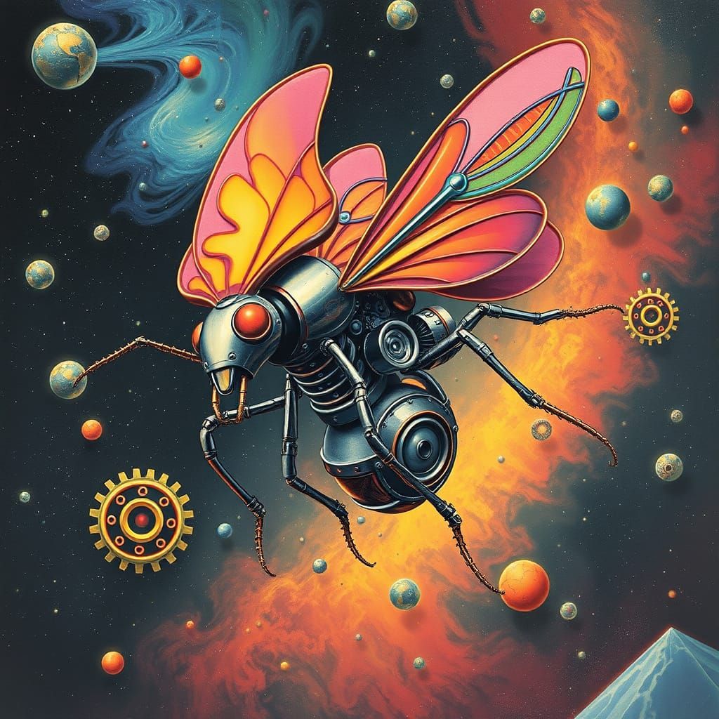 Psychedelic Robot Insect Floating in Space