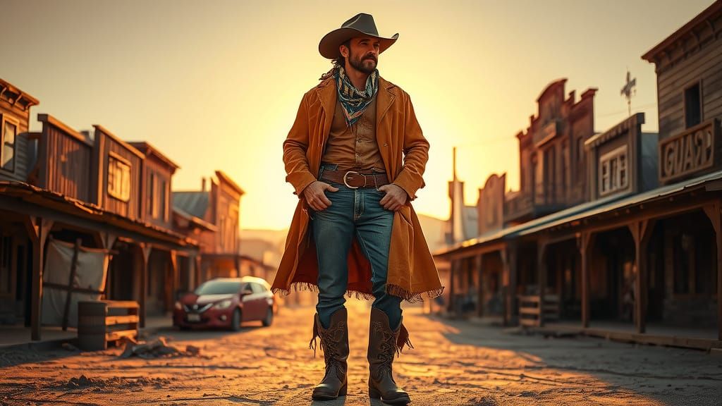 Cowboy Gunslinger Stands Tall in Dusty Frontier Town at Suns...