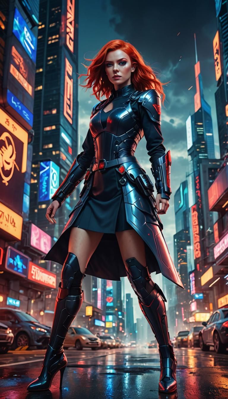 Futuristic Redhead Warrior in Cyberpunk Cityscape
