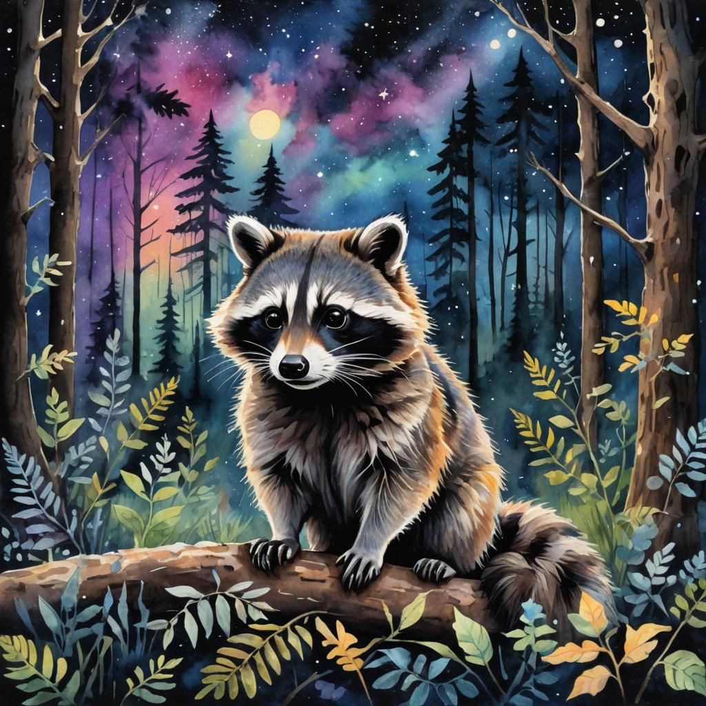 Cosmic Raccoon in Forest Dreamscape: Watercolor Gouache