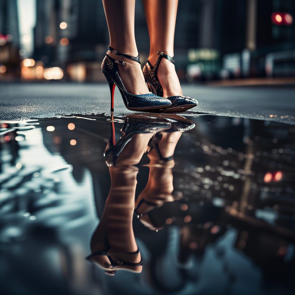 High Heels Reflected in Puddle: Hyperrealistic Image