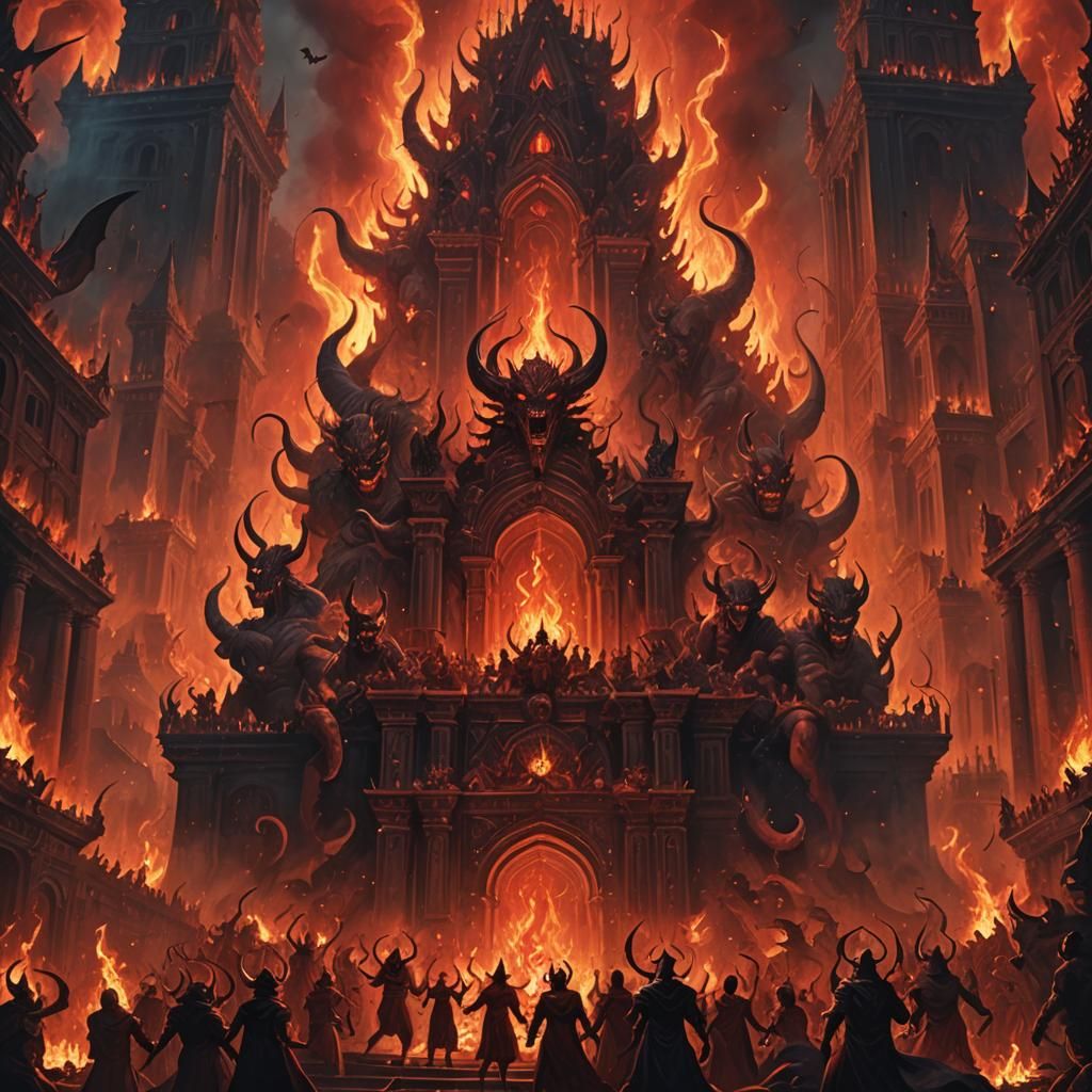 Infernal Celebration Before a Red-Glowing Palace