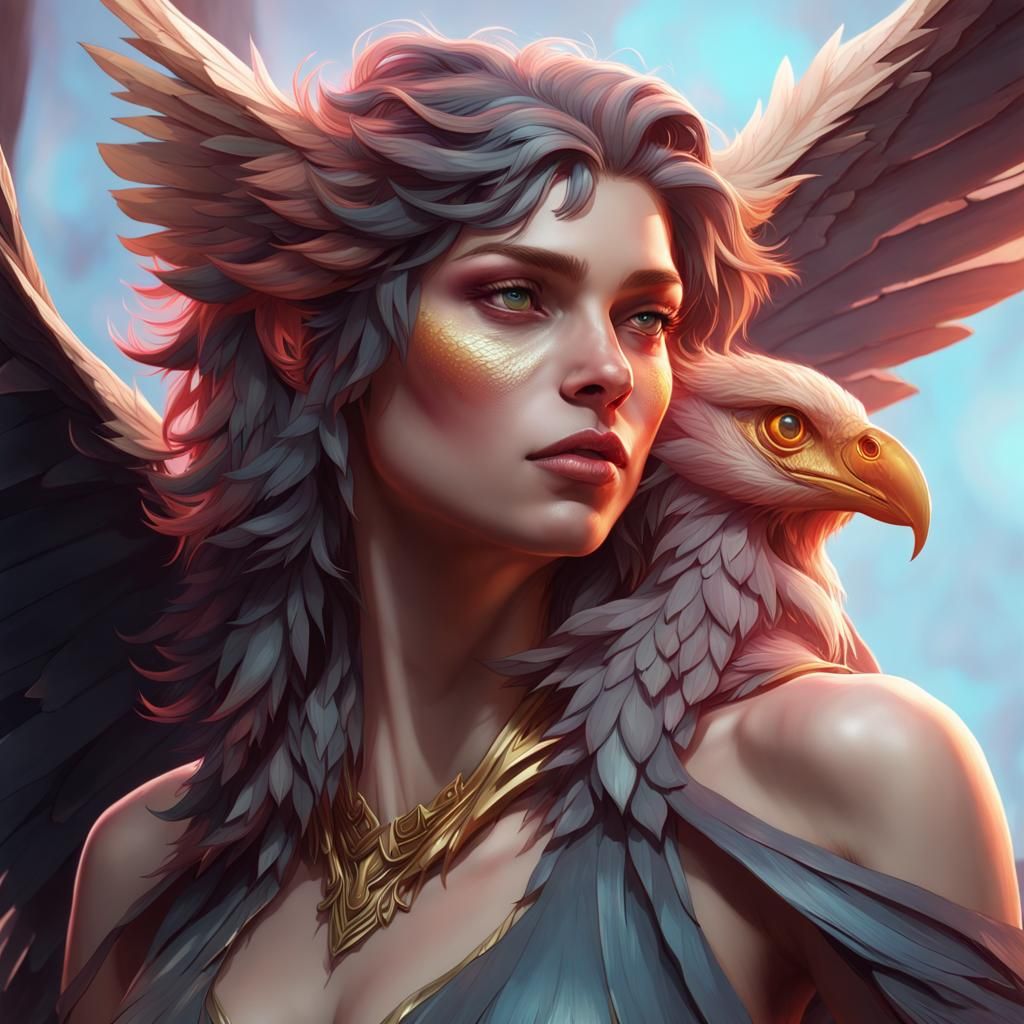 Detailed Harpy Portrait in Art Nouveau Style