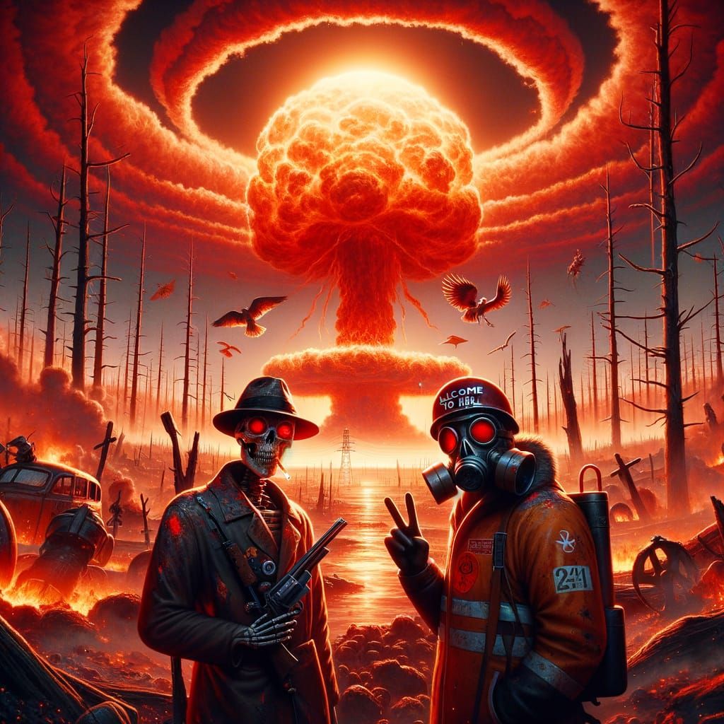 Apocalyptic Friends: Skeleton and Gas Mask in Nuclear Wastel...