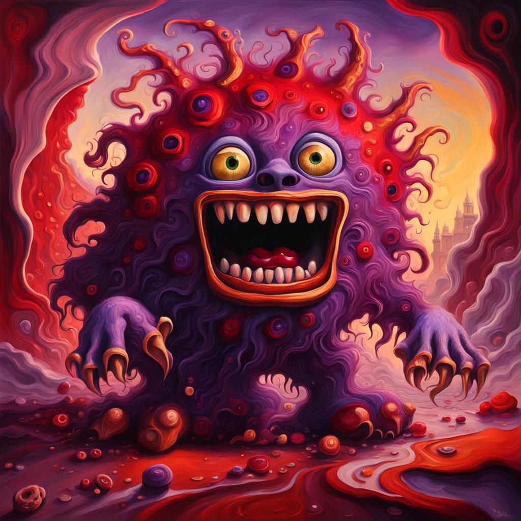 A purple and red furry monster,