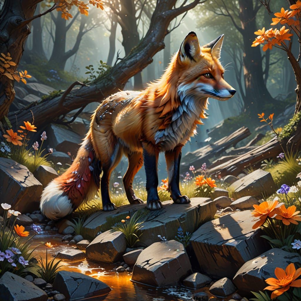 Whimsical Fox Amidst Enchanted Woodland in Vibrant Colors