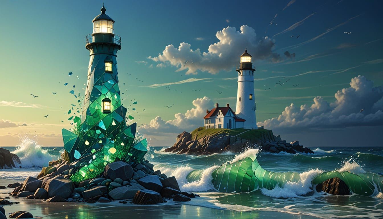 Emerald Cobalt Sea Glass Lighthouse in Fantasy Art Style