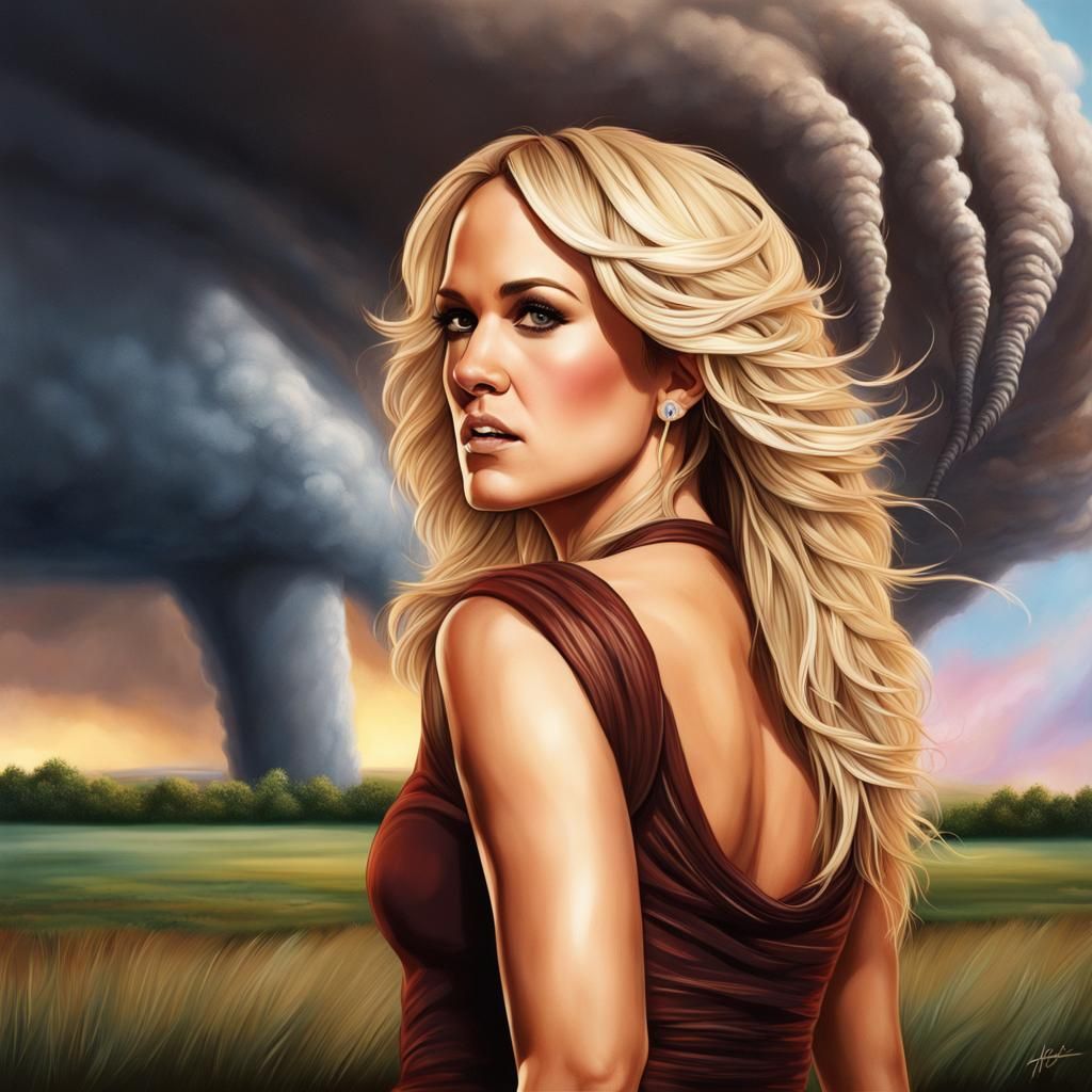 Carrie Underwood Portrait with Tornado, Hyperrealistic Style