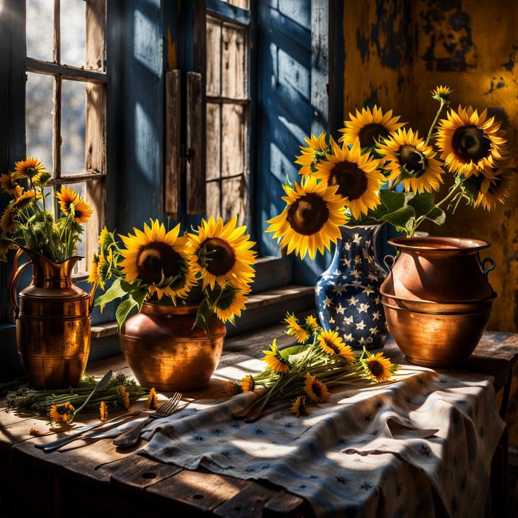 Sunflowers and Delft Blue Flowers Still Life