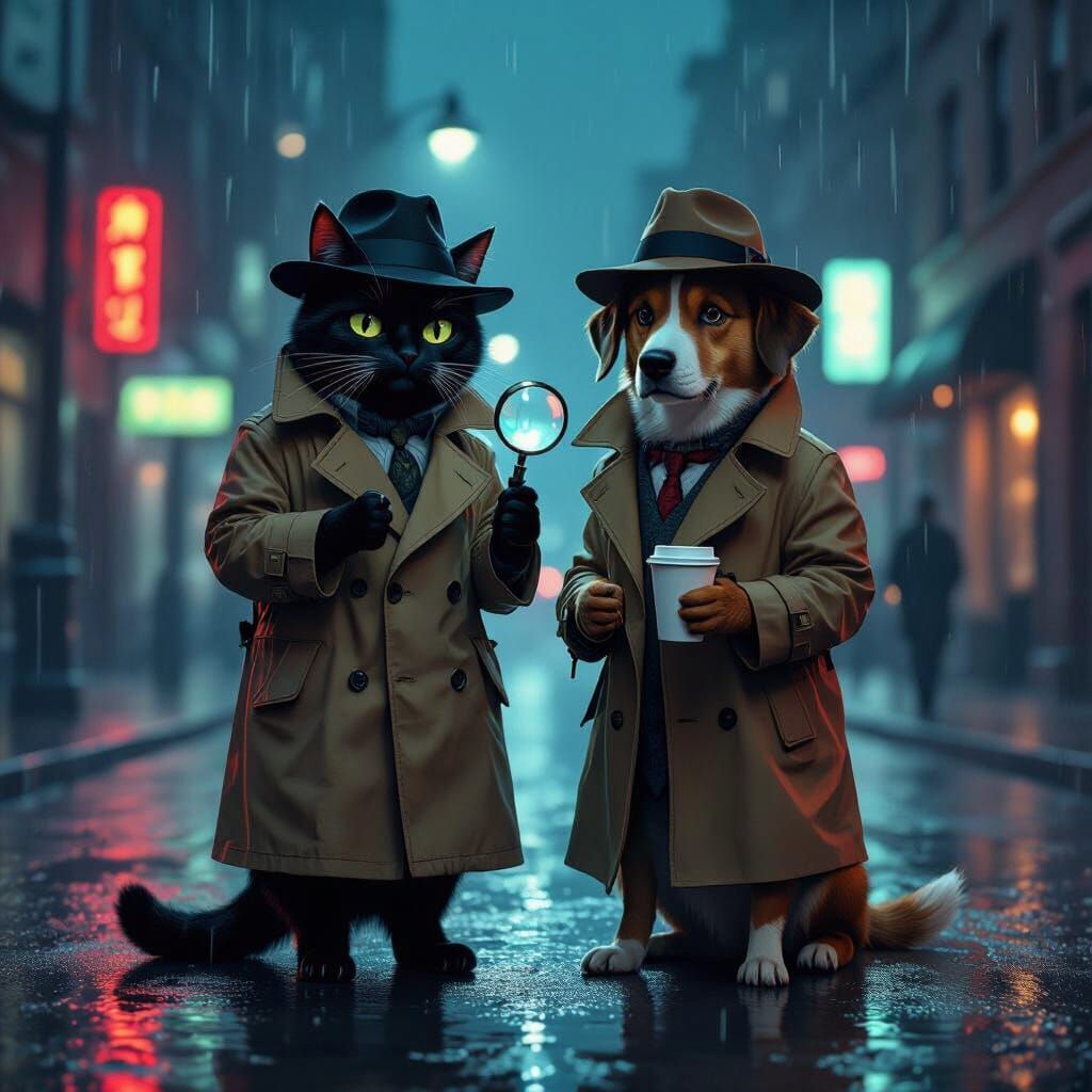 Detective Cat and Dog in Rainy Noir City