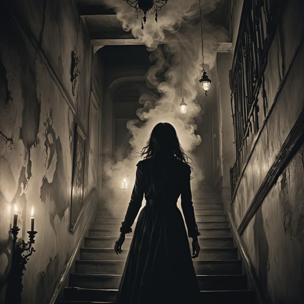 Eerie Surrealist Woman in Dimly Lit Stairwell