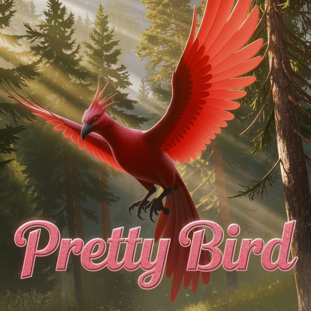 A vibrant red phoenix soars through the air, its wings outstretched, amidst a misty pine forest where towering trees wit...