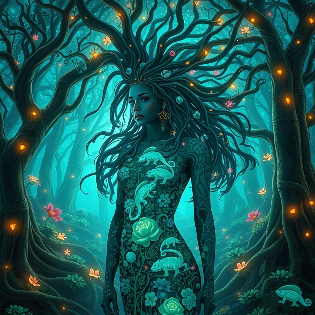 Bioluminescent Forest with Mirror Roots and Glowing Woman