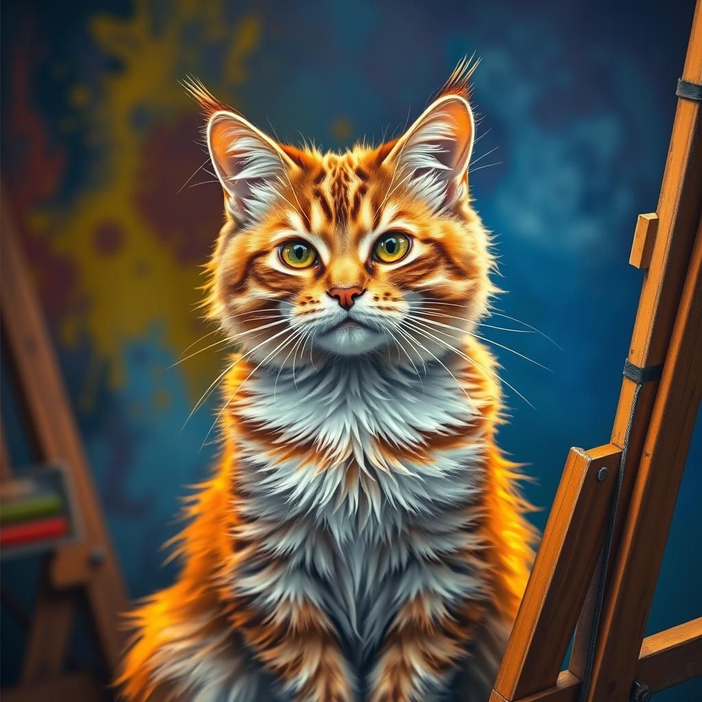 Cat Painting a Self-Portrait in Oil, Impressionistic Style