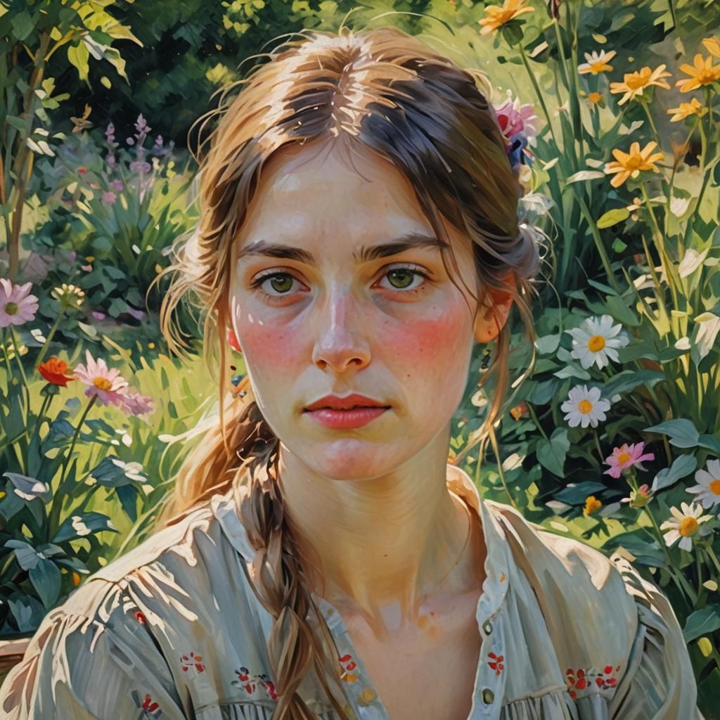 Impressionist Portrait in a Garden with Expressive Eyes