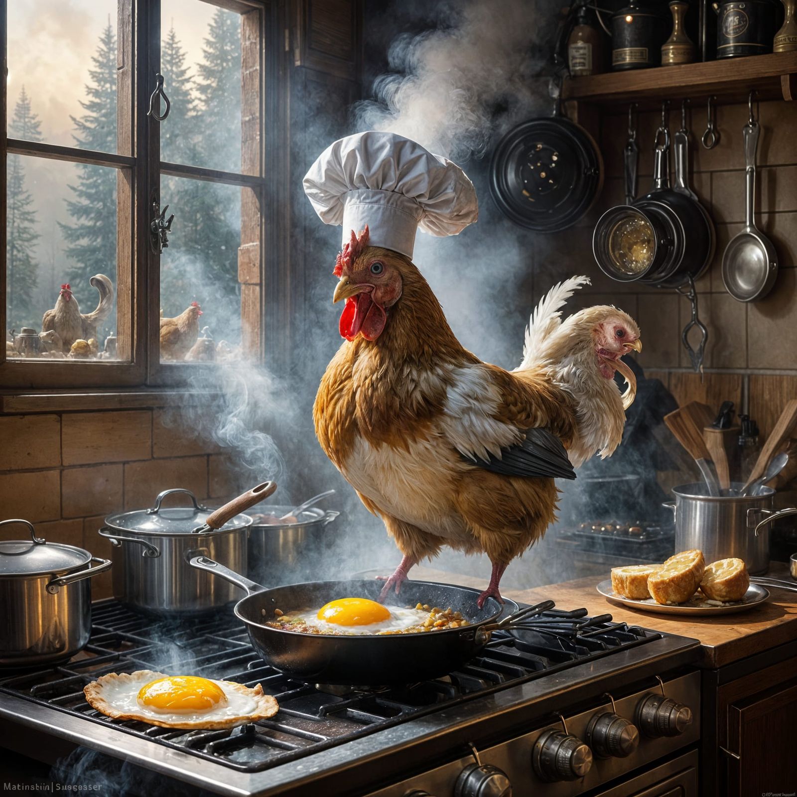 Chef Chicken Frying Egg in Ethereal Fantasy Style