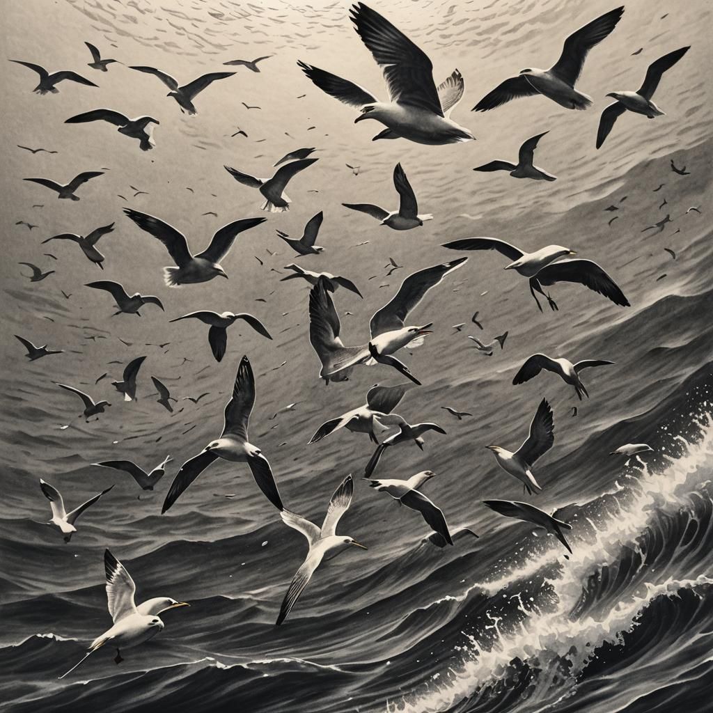 Dramatic Charcoal Drawing: Seagulls Swimming Underwater