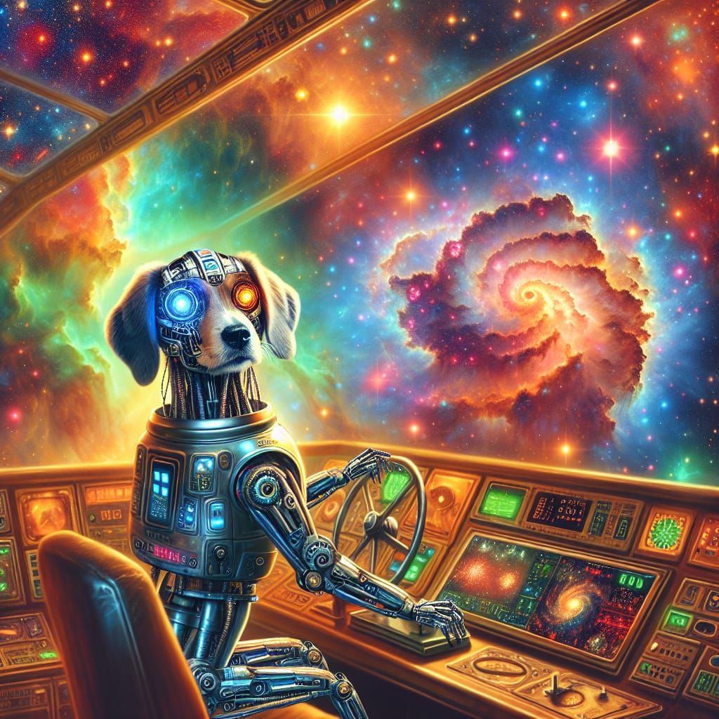 Cyborg Dog Piloting Spaceship Through Nebula