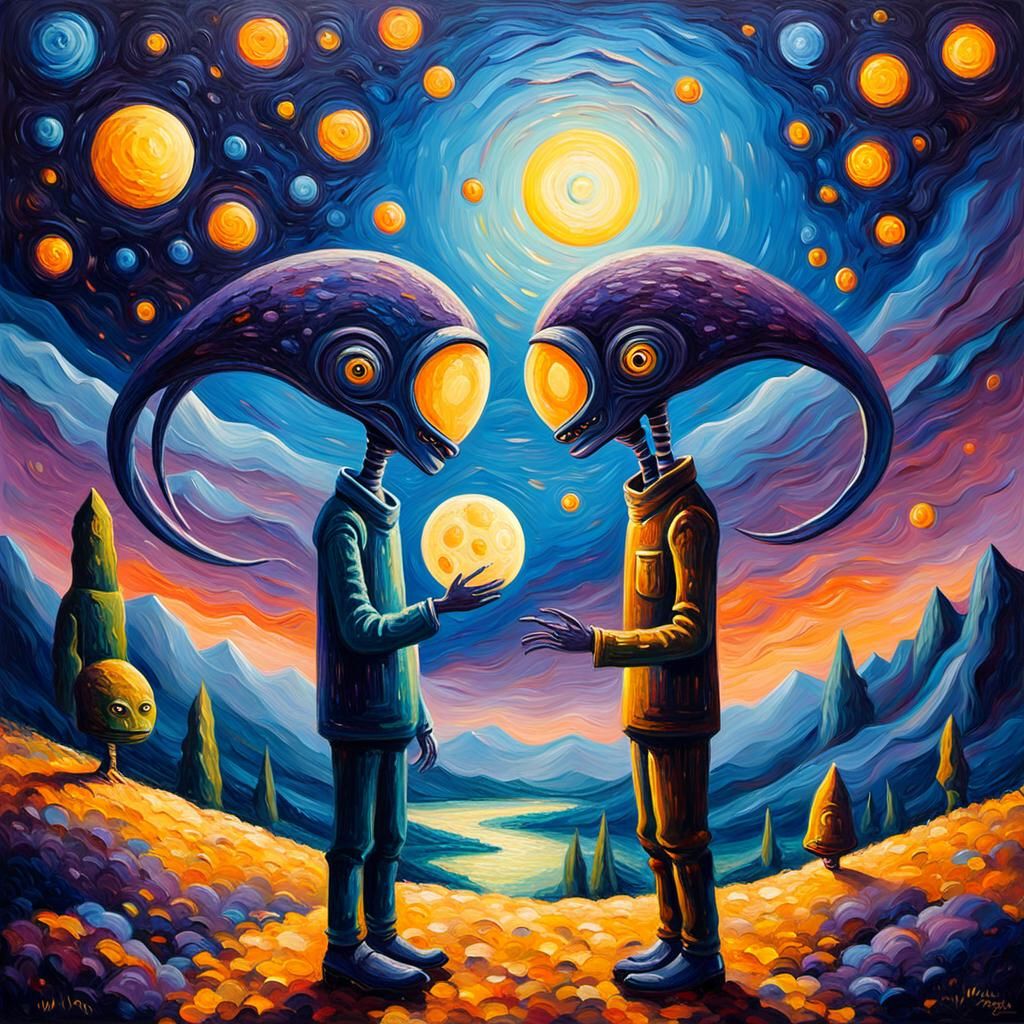 Aliens on a Cosmic Date in a Vibrant, Moonlit Landscape