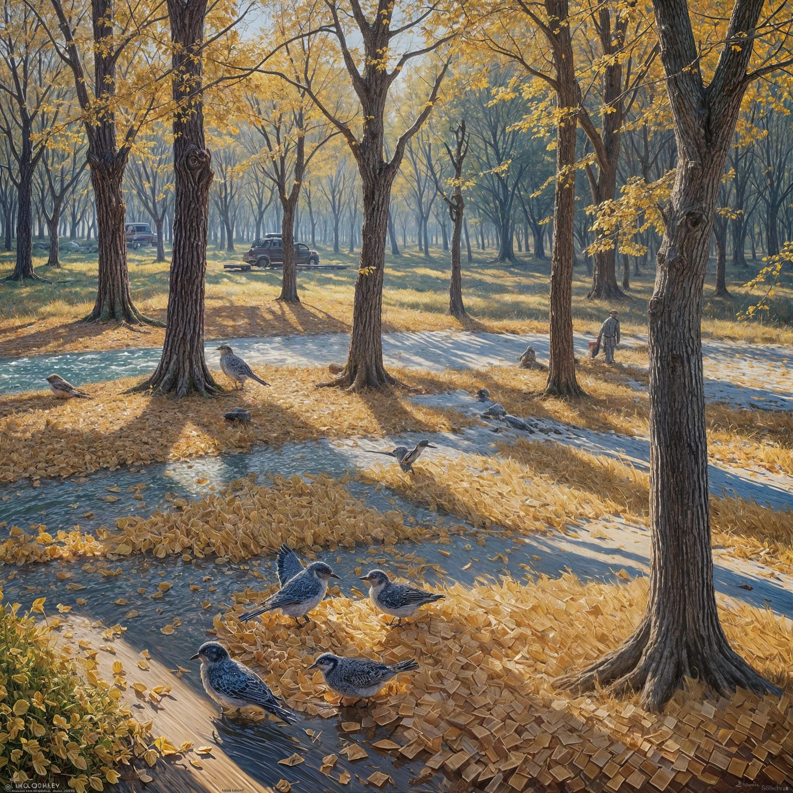 Autumn Birds in Park: Oil Painting