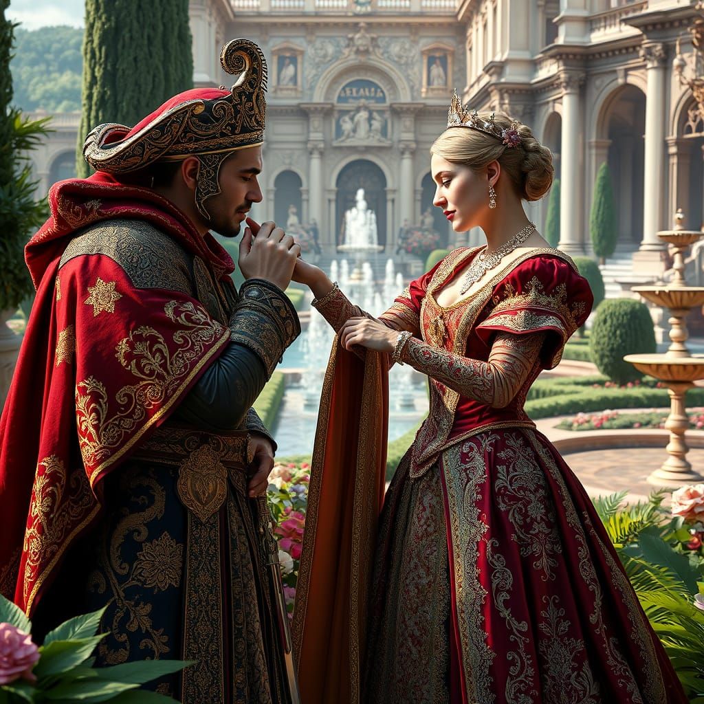 Gallant Hidalgo Kisses Queen's Hand in Palace Gardens