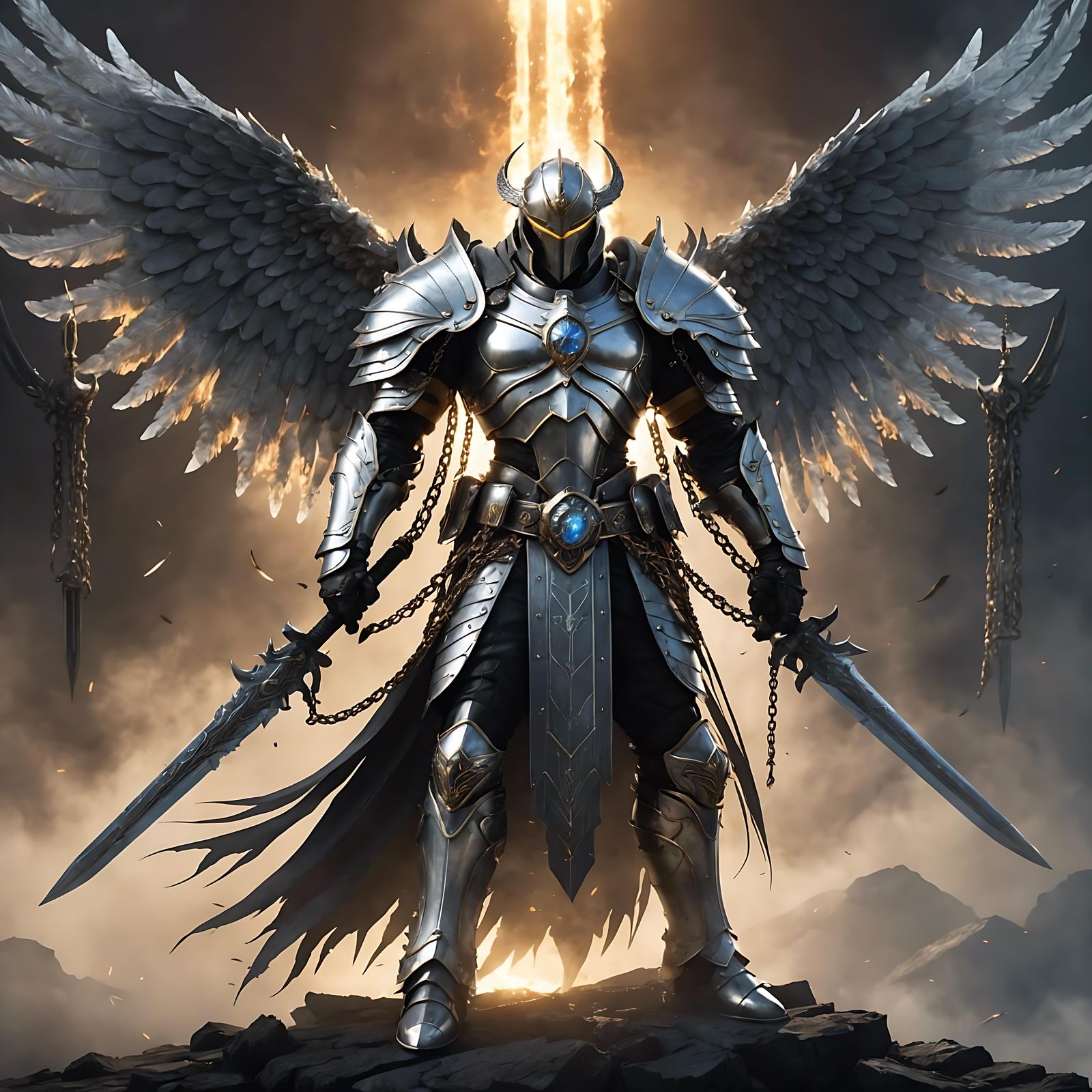 Fallen Angel Paladin with Smoke Wings and Swords