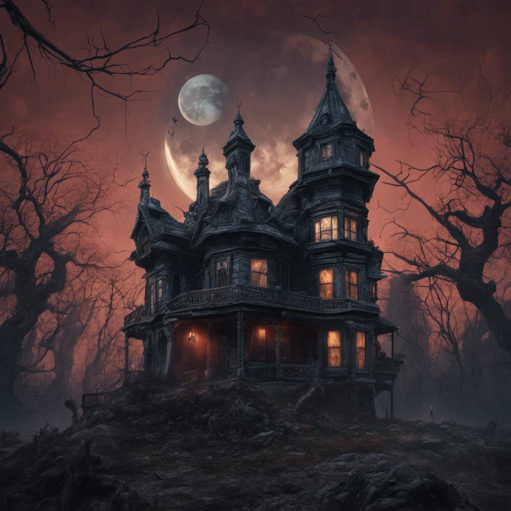 Detailed Haunted House Under Moonlight: Fantasy Concept Art